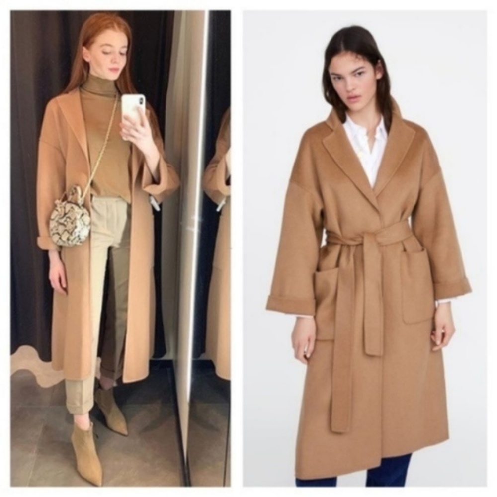 ZARA BELTED CAMEL WOOL LOOSE COAT with POCKETS TRENCH